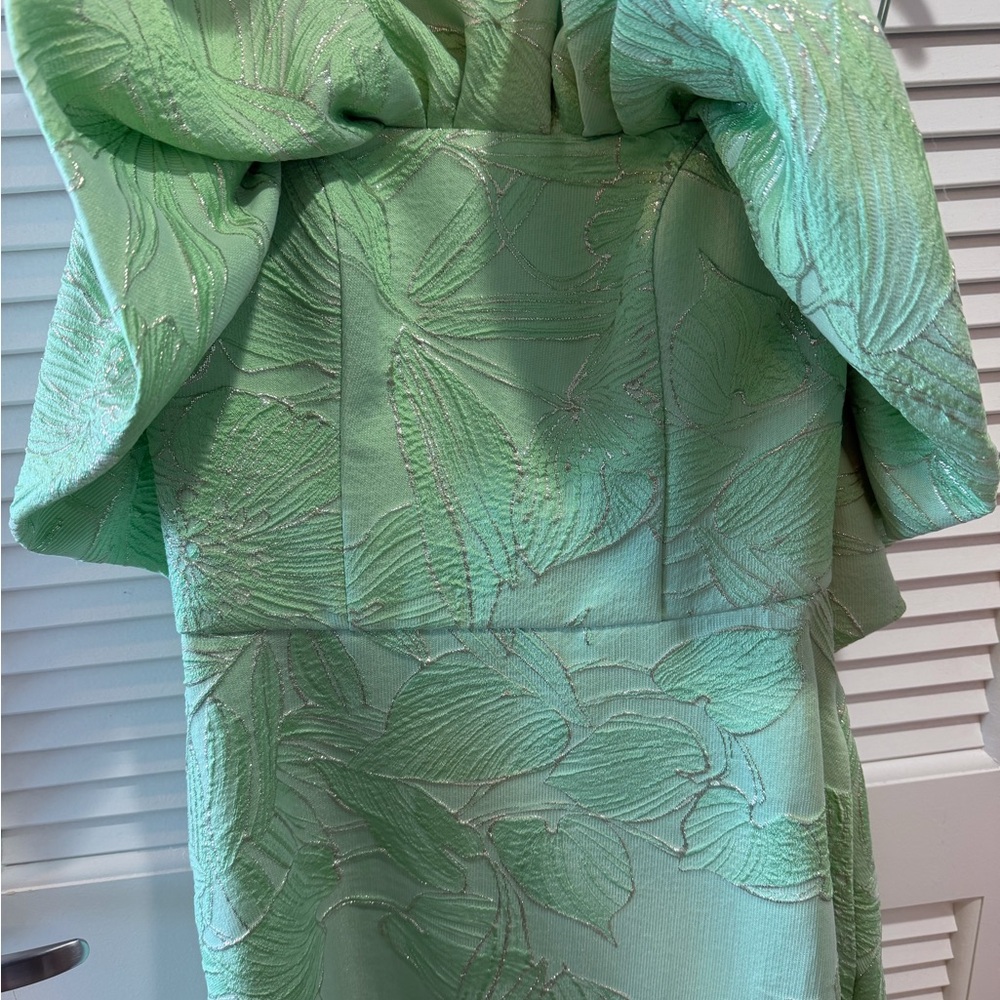 Amsale Jacquard Green Floral Ruffle Cocktail Gown - Picture 5 of 7